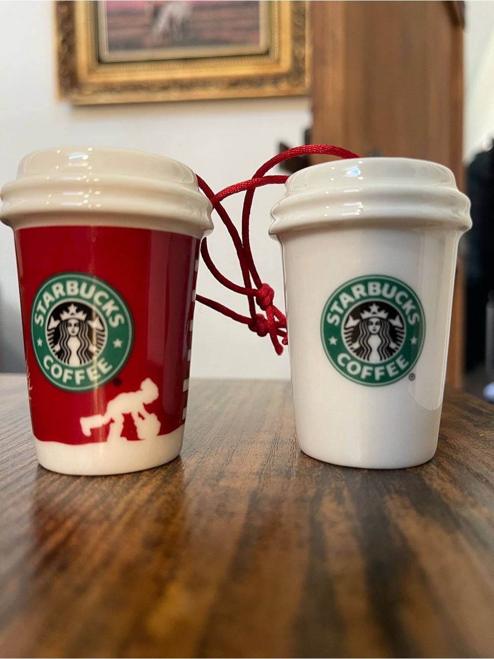Starbucks Red & White Ceramic Coffee Cup Ornaments with Logo